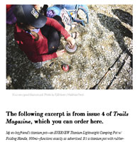 Small image showing image of backpacker using titanium pot and first couple of lines of excerpt from article