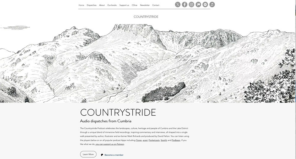 A pen and ink drawing with text - the front page of the Countrystride podcasts website.