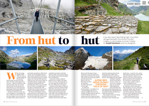 Double page spread of article with images of suspension bridge, and mountainous ground as well as text